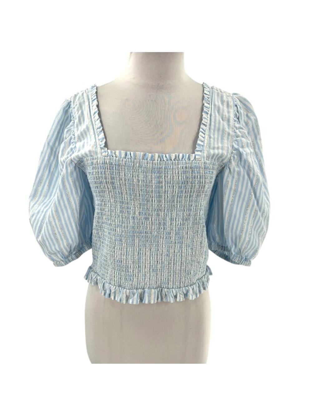 Emily McCarthy Havana smocked puff sleeve top with metallic stripe sz L